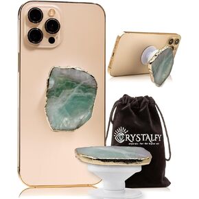 Grips by CRYSTALFY Green Fluorite with Gold Edge Genuine Crystal Phone Grip & Phone Stand Authentic Natural Gemstone Swappable Top, Expandable Collapsible Holder for Smartphones and Tablets