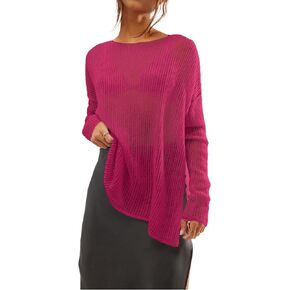 SuperPrity Women Tops Long Sleeve Crochet Knit Pullover Sweater Summer See Through Hollow Out Side Split Cover Up