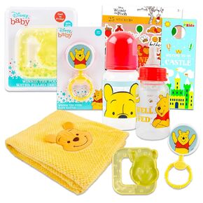 Disney Winnie The Pooh Baby Gift Set, Baby Shower Gifts Girls Neutral - 6 Pc Newborn Essentials Bundle with Blanket, Rattle, Bottle, Teether, Scrapbook Stickers, More