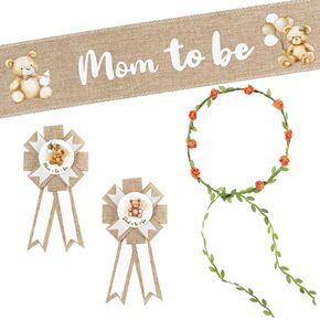 R HORSE 5Pcs Mom to Be Sash Dad to Be Pin Baby Shower - Bear Neutral Burlap Maternity Sash Corsage Pin and Flower Crown Headband Gender Reveals Party for Baby Boys Girls Pregnancy Props Keepsake Gifts