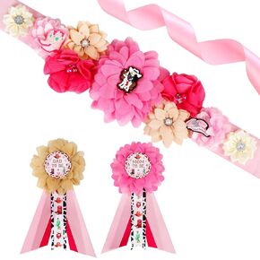 JOYMEMO Pink Cowgirl Baby Shower Maternity Sash Kit - Western Cowgirl Baby Shower Belly Belt and Mom to Be & Dad to Be Corsage Pins, Pregnancy Sash New Parents Photo Props Party Supplies