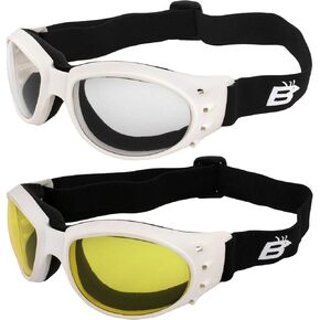 2 Pairs of Birdz Eyewear Eagle Padded Motorcycle Skydiving Goggles Vented White Frames w/Clear & Yellow Anti-Fog Lenses