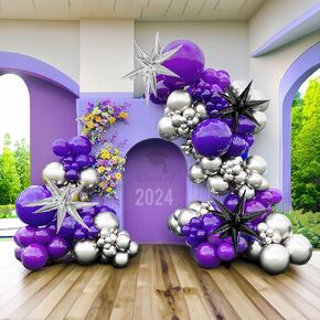 Royal Purple and Gold balloon garland Kit Dark purple Violet with mylar starburst balloons for Woman Birthday graduation Class of 2024 Prom Wedding Decorations