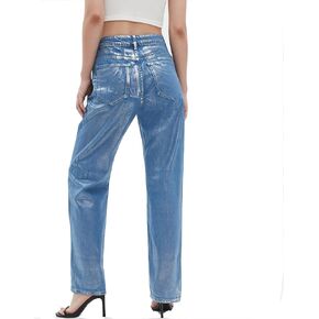 Unisex Y2K Mid Waist Straight Leg Jeans Silver Metallic Denim Pants for Women Men Trendy