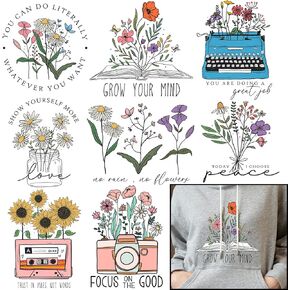 8 Sheets Vintage Flowers Iron On Transfers - Htv Heat Transfer Vinyl Iron On Decals Patches Design - Iron On Stickers T-Shirts Clothing Hats Pillows Backpacks for Women Crafts