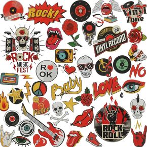 46 Pieces Rock and Roll Music Iron-on Transfer Sticker Rock Punk Band Patch Set Punk Iron-on Patches Party Heat Transfer Sticker Halloween Jackets Hat Clothing Bags Decoration