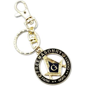 Faith Hope Charity Square & Compass Masonic Key Chain - [Black & Gold][1 1/2'' Diameter]