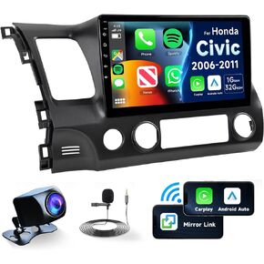 【2+64G】 لسيارة Honda Civic 2006 2007 2008 2009 2010 2011 Android13 ستيريو راديو السيارة، Carplay Android Auto 10.1 بوصة شاشة لمس بلوتوث مستقبل صوت السيارة GPS واي فاي كاميرا احتياطية FM/RDS HiFi SWC