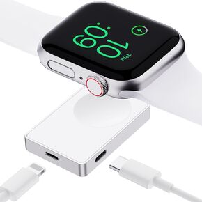 Portable Fast Charger for Apple Watch 9 8 7 6 5 SE 4 3 Ultra 1 2, Compact Metal Case, Convenient for Travel Sport Cordless Charging Dock with Keychain, Connect to USB C or iPhone Power Cable. Silvery.