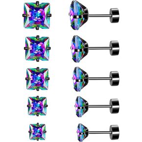 Pack of Round/Square CZ Titanium Screw Flat Back Earrings Hypoallergenic for Sensitive Ears 3-7mm