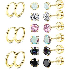 Cristina 9 Pairs Surgical Steel Piercing Earrings for Women Men Hypoallergenic 20G Stud Earrings Set for Sensitive Small Opal CZ Stainless Steel Flat Back Earrings Cartilage Hoop Earrings 8/10/12MM