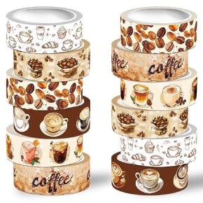 12 Rolls Washi Tape Set,6 Design Coffee Themed Decorative Tape Vintage Watercolor Brown Cafe Masking Tape for Journaling Supplies, Junk Journal, Scrapbooking, DIY Arts & Crafts, Gift Wrapping
