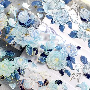 1Roll Laser Flower Washi Tape Blue Flower Washi Tape Stickers Decorative Tape Washi Tape Floral Washy Tape Pet Washi Tape for Journaling Planner