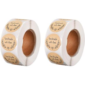 MECCANIXITY Handmade with Love Stickers Roll 1 Inch 1000 Pieces Labels for Baking Packaging, Cake Box, Envelope, Small Business, Wedding, Party, 2 Rolls