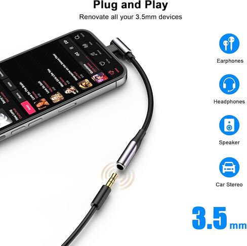 [Apple MFi Certified] 90 Degree Lightning to 3.5 mm Headphone Jack Adapter, 2 Pack iPhone Headphones Adapter Aux Dongle Adaptor Earphone Audio Coverter for iPhone 14 13 12 11 Pro Max XS XR X 8 7, iPad in Kuwait