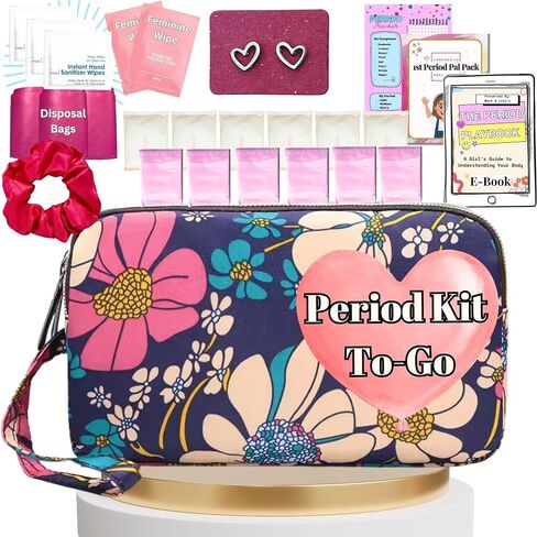 First Period Pal Pack to-Go Kit | 26 pcs | First Period Kit for Girls 9-12 | Period Bags for Teen Girls for School | Discrete Period Bag, Pads, Panty Liners, Period Kits for Girls 10-12 - Flowers in Saudi Arabia