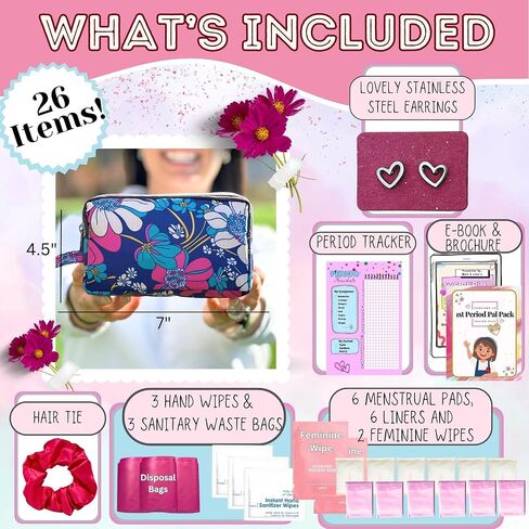 First Period Pal Pack to-Go Kit | 26 pcs | First Period Kit for Girls 9-12 | Period Bags for Teen Girls for School | Discrete Period Bag, Pads, Panty Liners, Period Kits for Girls 10-12 - Flowers in Saudi Arabia