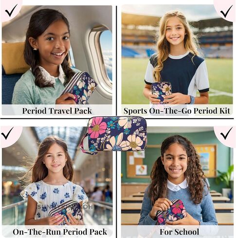 First Period Pal Pack to-Go Kit | 26 pcs | First Period Kit for Girls 9-12 | Period Bags for Teen Girls for School | Discrete Period Bag, Pads, Panty Liners, Period Kits for Girls 10-12 - Flowers in Saudi Arabia