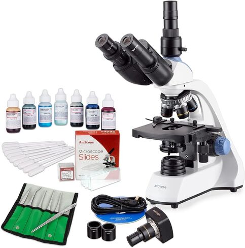 AmScope توفير استثنائي في الحزمة! مجهر مركب ثلاثي العينيات 40X-2500X LED مع مرحلة ميكانيكية ثلاثية الأبعاد بطبقتين، وكاميرا رقمية بدقة 5 ميجابكسل ومجموعة البقع الحيوية للخلايا الحية in Saudi Arabia