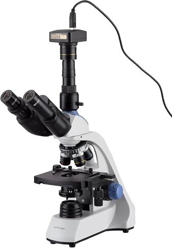 AmScope توفير استثنائي في الحزمة! مجهر مركب ثلاثي العينيات 40X-2500X LED مع مرحلة ميكانيكية ثلاثية الأبعاد بطبقتين، وكاميرا رقمية بدقة 5 ميجابكسل ومجموعة البقع الحيوية للخلايا الحية in Saudi Arabia