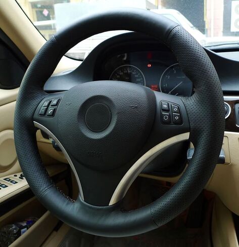 غطاء عجلة القيادة لسيارة BMW 128i 135i / لسيارة BMW E90 E91 325i 328i 328i 330i 335i 335 Xi 335D 335i XDrive / 2013-2015 X1 SUV ملحقات داخلية من الجلد من الألياف الدقيقة (خيط أسود) in Kuwait