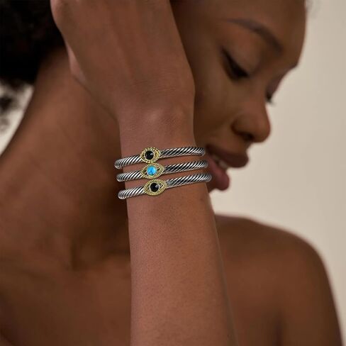Twisted Cable Bracelet for Women, Evil Eye Two Tone Cable Wire Bracelet Bangle Silver Cuff Vintage Bracelets for Women Jewelry Gift in Kuwait
