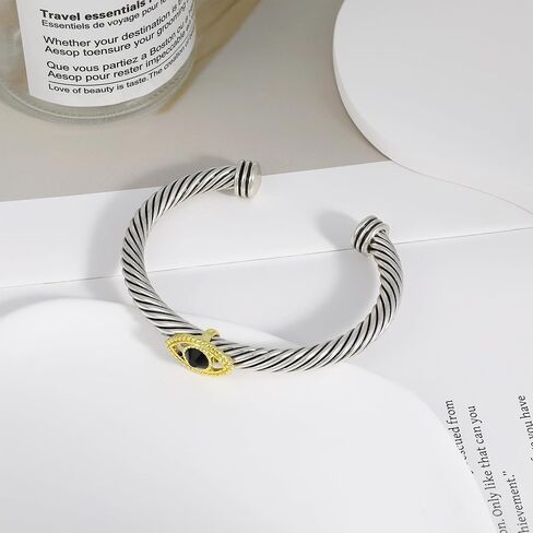 Twisted Cable Bracelet for Women, Evil Eye Two Tone Cable Wire Bracelet Bangle Silver Cuff Vintage Bracelets for Women Jewelry Gift in Kuwait