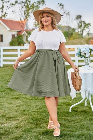 KIMCURVY Women's 2024 Plus Size Summer Midi Dress Ruffle Sleeve Modest Casual Chiffon Hollow A Line Dress with Belt in Saudi Arabia