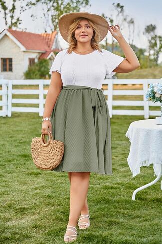KIMCURVY Women's 2024 Plus Size Summer Midi Dress Ruffle Sleeve Modest Casual Chiffon Hollow A Line Dress with Belt in Saudi Arabia