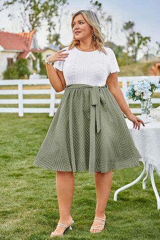 KIMCURVY Women's 2024 Plus Size Summer Midi Dress Ruffle Sleeve Modest Casual Chiffon Hollow A Line Dress with Belt in Saudi Arabia