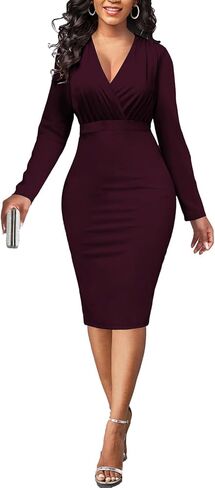 فساتين نسائية لجنازة Bodycon ملفوفة، فستان كنيسة عتيق بأكمام طويلة مثير مكشكش للعمل والمكتب والأعمال التجارية بفتحة متوسطة الطول (06بورجوندي، كبير) in Kuwait