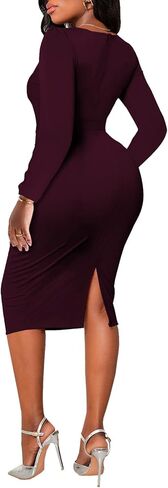 فساتين نسائية لجنازة Bodycon ملفوفة، فستان كنيسة عتيق بأكمام طويلة مثير مكشكش للعمل والمكتب والأعمال التجارية بفتحة متوسطة الطول (06بورجوندي، كبير) in Kuwait
