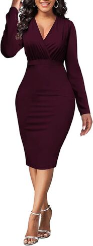 فساتين نسائية لجنازة Bodycon ملفوفة، فستان كنيسة عتيق بأكمام طويلة مثير مكشكش للعمل والمكتب والأعمال التجارية بفتحة متوسطة الطول (06بورجوندي، كبير) in Kuwait