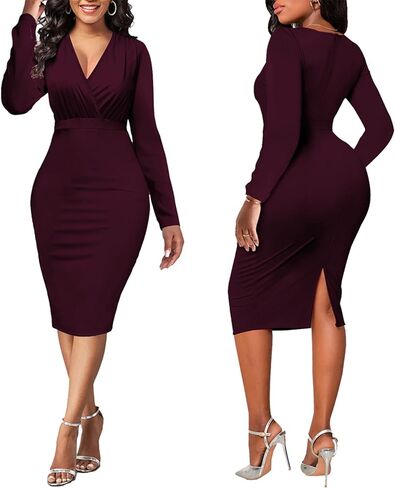 فساتين نسائية لجنازة Bodycon ملفوفة، فستان كنيسة عتيق بأكمام طويلة مثير مكشكش للعمل والمكتب والأعمال التجارية بفتحة متوسطة الطول (06بورجوندي، كبير) in Kuwait