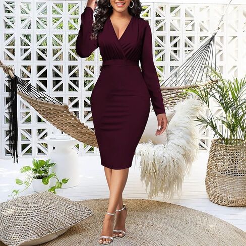 فساتين نسائية لجنازة Bodycon ملفوفة، فستان كنيسة عتيق بأكمام طويلة مثير مكشكش للعمل والمكتب والأعمال التجارية بفتحة متوسطة الطول (06بورجوندي، كبير) in Kuwait