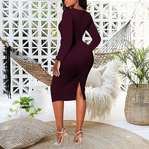 فساتين نسائية لجنازة Bodycon ملفوفة، فستان كنيسة عتيق بأكمام طويلة مثير مكشكش للعمل والمكتب والأعمال التجارية بفتحة متوسطة الطول (06بورجوندي، كبير) in Kuwait
