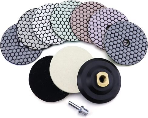 11 قطعة من وسادات تلميع الماس الجافة مقاس 10.16 سم، وسادة تلميع كونترتوب من الجرانيت والرخام الخرساني، 6 وسادة ماسية بخطاف وحلقة، 2 وسادة نهائية من اللباد، لوحة دعم مقاس 5/8-11 بوصة ومحول حفر للمطحنة والمثقاب in Kuwait