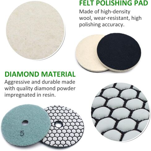 11 قطعة من وسادات تلميع الماس الجافة مقاس 10.16 سم، وسادة تلميع كونترتوب من الجرانيت والرخام الخرساني، 6 وسادة ماسية بخطاف وحلقة، 2 وسادة نهائية من اللباد، لوحة دعم مقاس 5/8-11 بوصة ومحول حفر للمطحنة والمثقاب in Kuwait