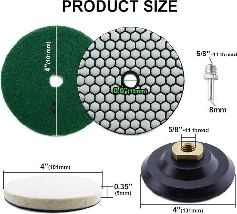 11 قطعة من وسادات تلميع الماس الجافة مقاس 10.16 سم، وسادة تلميع كونترتوب من الجرانيت والرخام الخرساني، 6 وسادة ماسية بخطاف وحلقة، 2 وسادة نهائية من اللباد، لوحة دعم مقاس 5/8-11 بوصة ومحول حفر للمطحنة والمثقاب in Kuwait
