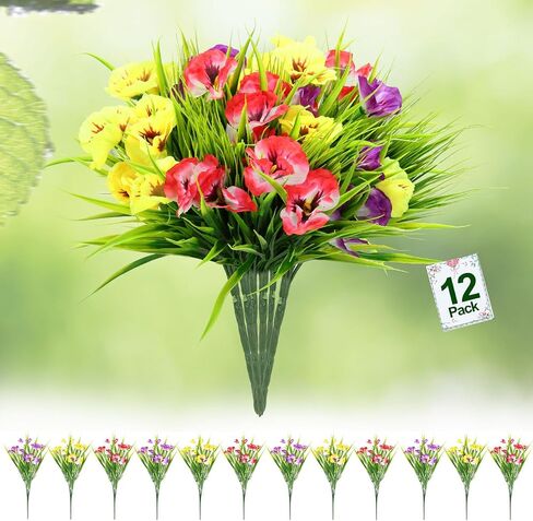 Artificial Flowers Plants Outdoor, UV Resistant Fake Flowers Silk Pansy Flowers, Artificial Wildflowers Plants Outside Faux Plastic Greenery Shrubs Arrangement No Fade(12Bundles) in Saudi Arabia