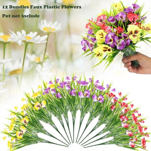 Artificial Flowers Plants Outdoor, UV Resistant Fake Flowers Silk Pansy Flowers, Artificial Wildflowers Plants Outside Faux Plastic Greenery Shrubs Arrangement No Fade(12Bundles) in Saudi Arabia