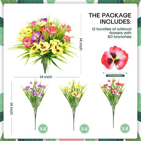 Artificial Flowers Plants Outdoor, UV Resistant Fake Flowers Silk Pansy Flowers, Artificial Wildflowers Plants Outside Faux Plastic Greenery Shrubs Arrangement No Fade(12Bundles) in Saudi Arabia