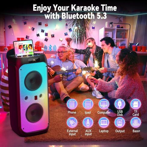 Big Bluetooth Party Speaker Wireless: 300W Multifunction Large PA System with Deep Bass & 2 Wireless Mic, Loud Speaker with Subwoofers & DJ Lights for Party Commercial Outdoor Gathering in Saudi Arabia