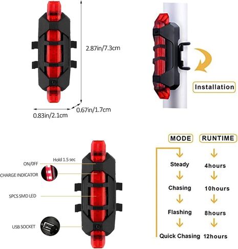 Bicycle Front Rear Safety Light,Warning Bike Tail Lights,Helmet Light for Night Riding with USB Chargeable Cable，Waterproof Flashing in Saudi Arabia
