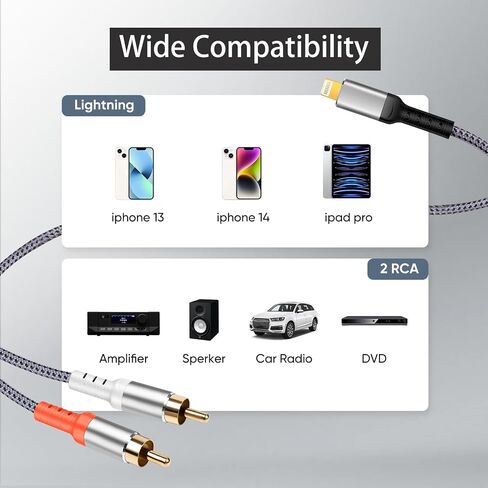 【معتمد من MFi】 متوافق مع محول الصوت Aux من Lightning إلى RCA، كابل 4FT iOS إلى 2RCA HiFi Stereo Y Splitter لأجهزة i-Phone، وi-Pad، وi-Pod، ومكبرات الصوت، والمسرح، والسيارة ومكبر الصوت in Kuwait