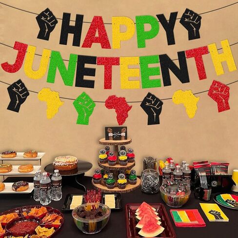 لافتة Juneteenth السعيدة لموضوع القبضة الأمريكية الأفريقية احتفل بيوم 19 يونيو 1865، ديكورات حفلات يوم الحرية، التاريخ الأسود، فخر يوم الاستقلال، لوازم الحفلات in Kuwait