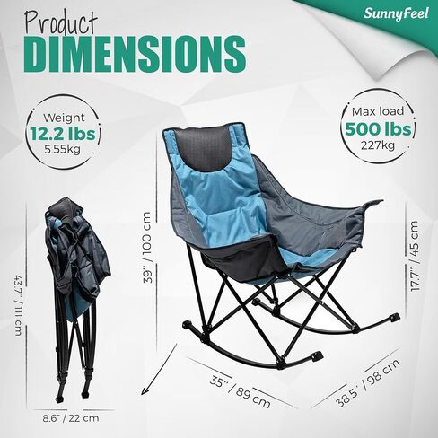 SUNNYFEEL Rocking Camping Chair, Luxury Padded Recliner, Oversized Folding Lawn Chair with Pocket, Heavy Duty for Outdoor/Picnic/Lounge/Patio, Portable Camp Rocker Chairs with Carry Bag in Kuwait