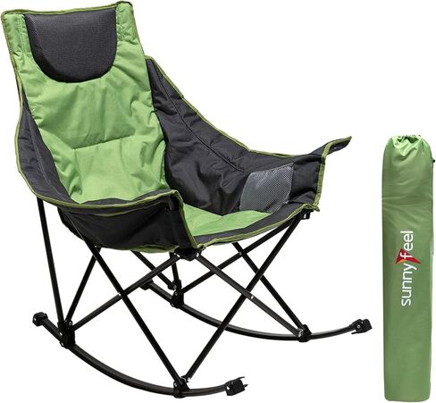 SUNNYFEEL Rocking Camping Chair, Luxury Padded Recliner, Oversized Folding Lawn Chair with Pocket, Heavy Duty for Outdoor/Picnic/Lounge/Patio, Portable Camp Rocker Chairs with Carry Bag in Kuwait