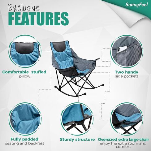 SUNNYFEEL Rocking Camping Chair, Luxury Padded Recliner, Oversized Folding Lawn Chair with Pocket, Heavy Duty for Outdoor/Picnic/Lounge/Patio, Portable Camp Rocker Chairs with Carry Bag in Kuwait