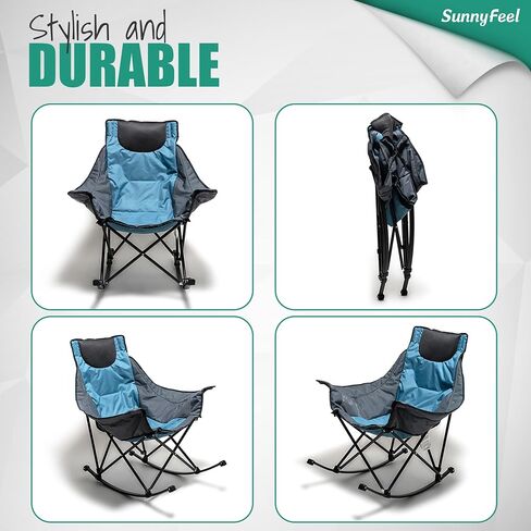 SUNNYFEEL Rocking Camping Chair, Luxury Padded Recliner, Oversized Folding Lawn Chair with Pocket, Heavy Duty for Outdoor/Picnic/Lounge/Patio, Portable Camp Rocker Chairs with Carry Bag in Kuwait